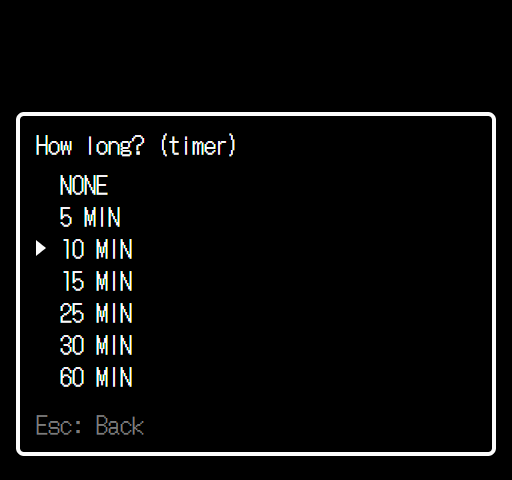 How long? list with NONE, 5 MIN, 10 MIN and more