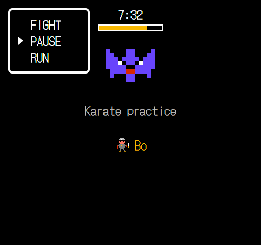 Time left 7:32 with an HP bar, and FIGHT, PAUSE, RUN