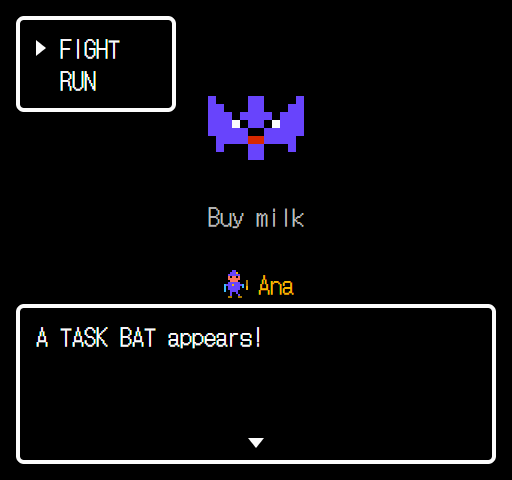 Battle with a bat, task Buy milk, owner Ana