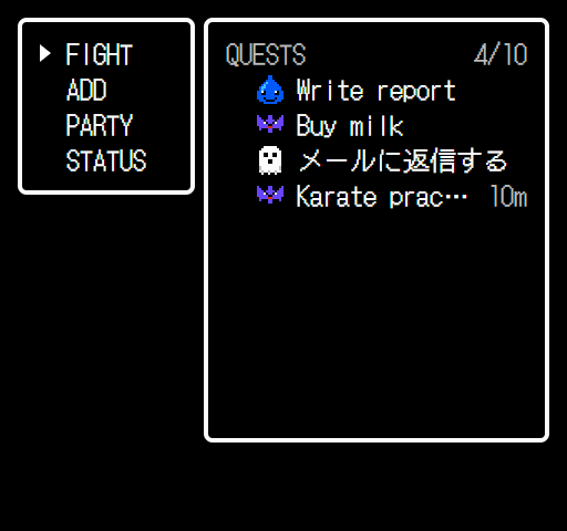 Quest list with three tasks and the command menu