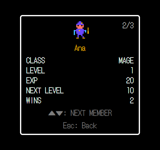 Status of Ana: Mage, level 1, 20 EXP